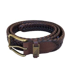 Nautica Men's  Hand Braided Genuine Leather Brush Brass Hardware Brown Belt 42